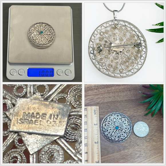 Vintage Israel Brooch Pendant 935 Sterling Silver Turquoise Flower Filigree - Picture 13 of 13